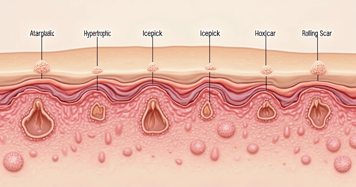 Tipos de cicatriz de acne ilustrados em corte transversal da pele. 