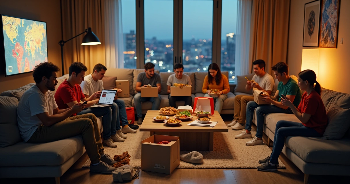 Sete pessoas diferentes com pedidos de delivery em sala de estar moderna 