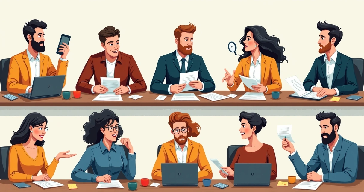 Nove ilustrações de perfis de clientes diferentes em uma mesa de coworking 