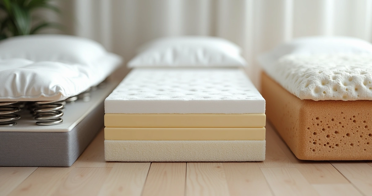 Três tipos de colchões lado a lado: molas, espuma e látex