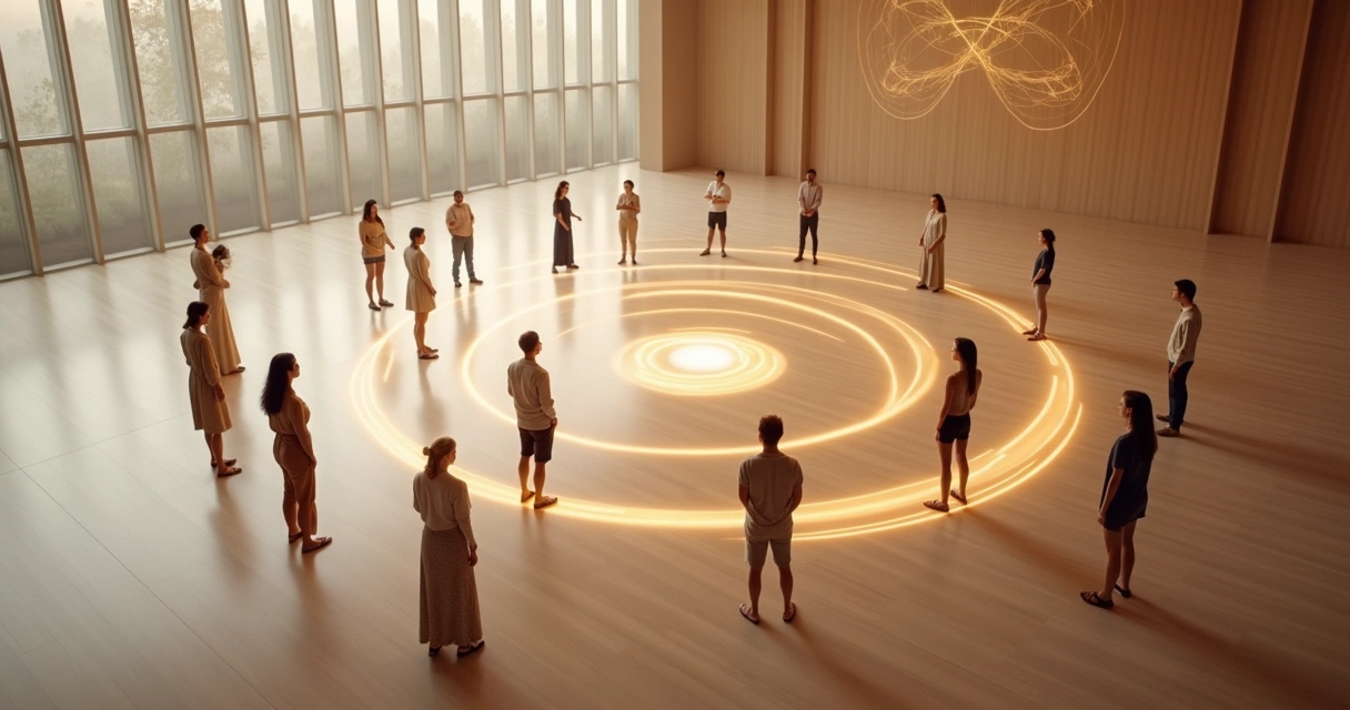 Vista aérea de pessoas em círculo conectadas por trilhas de luz em formato de diferentes caminhos 