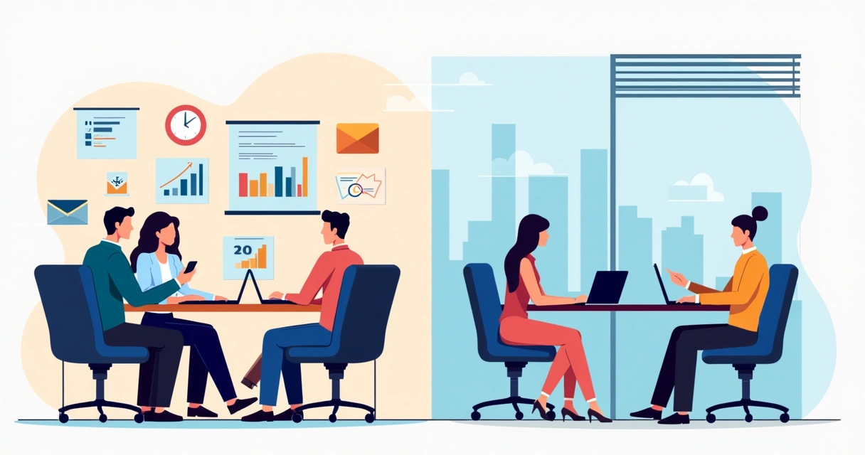 Consultores internos e externos em ambientes distintos analisando planos de vendas 