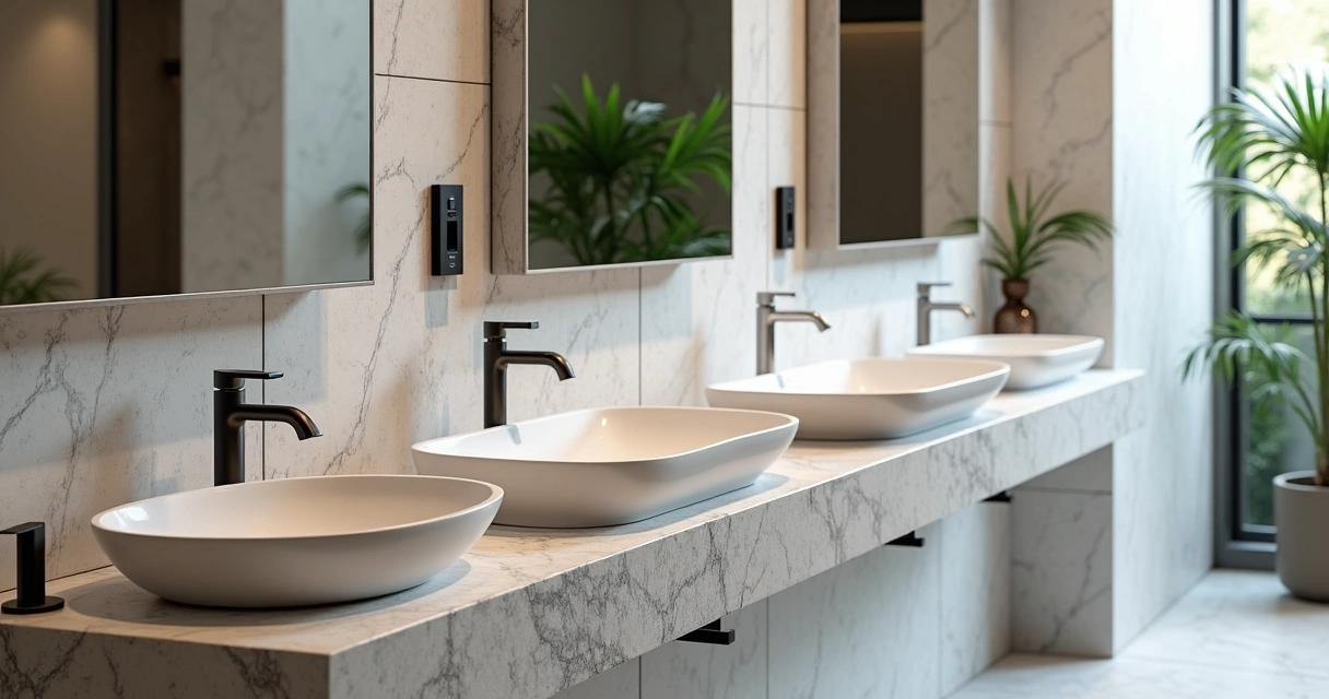 Modelos variados de cubas Deca em diferentes tipos de bancadas de banheiro 