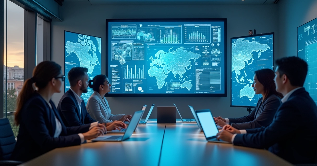 Sala de reuniões moderna com profissionais interagindo com telas digitais exibindo dados, gráficos e chatbots 