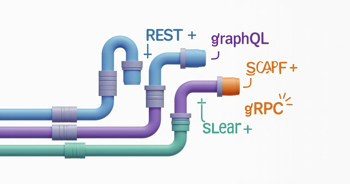 Desenho estilizado com tipos de API REST, GraphQL, SOAP e gRPC 