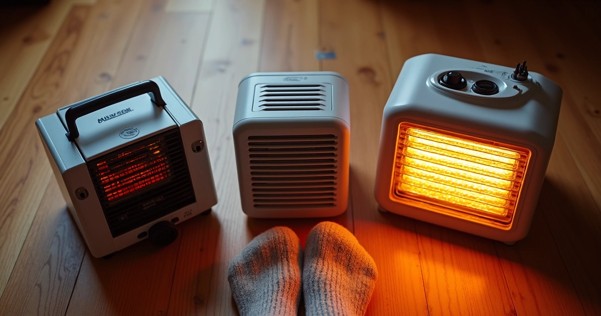 Três tipos de aquecedor elétrico lado a lado em um cômodo, com detalhes visíveis. 