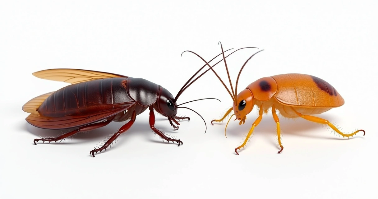 Duas baratas urbanas lado a lado, uma grande marrom escura, outra pequena e amarelada 