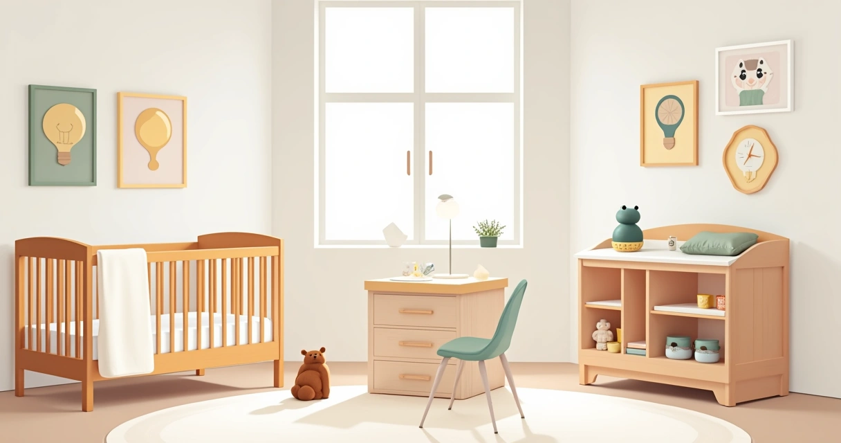 Três tipos de berços para bebê: tradicional, portátil e multifuncional em uma sala bem iluminada.