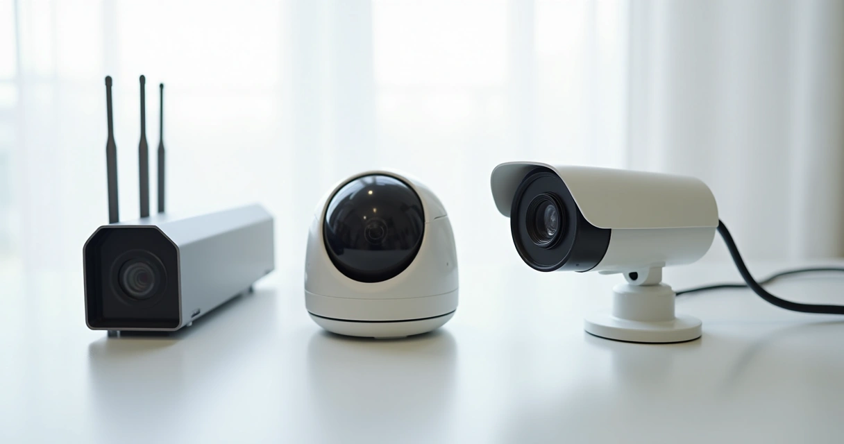 Três tipos populares de câmeras: bullet, dome e IP lado a lado 