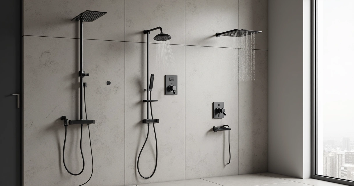 Vários tipos de chuveiros instalados em uma parede de banheiro moderna 