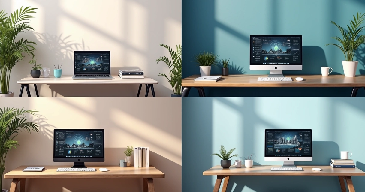 Ilustração dividida em quatro partes, mostrando diferentes tipos de computadores de escritório: notebook, desktop, mini PC e All-in-One.