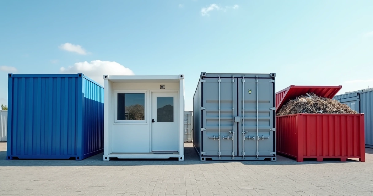 Quatro tipos de container lado a lado: marítimo, escritório, depósito e resíduos 