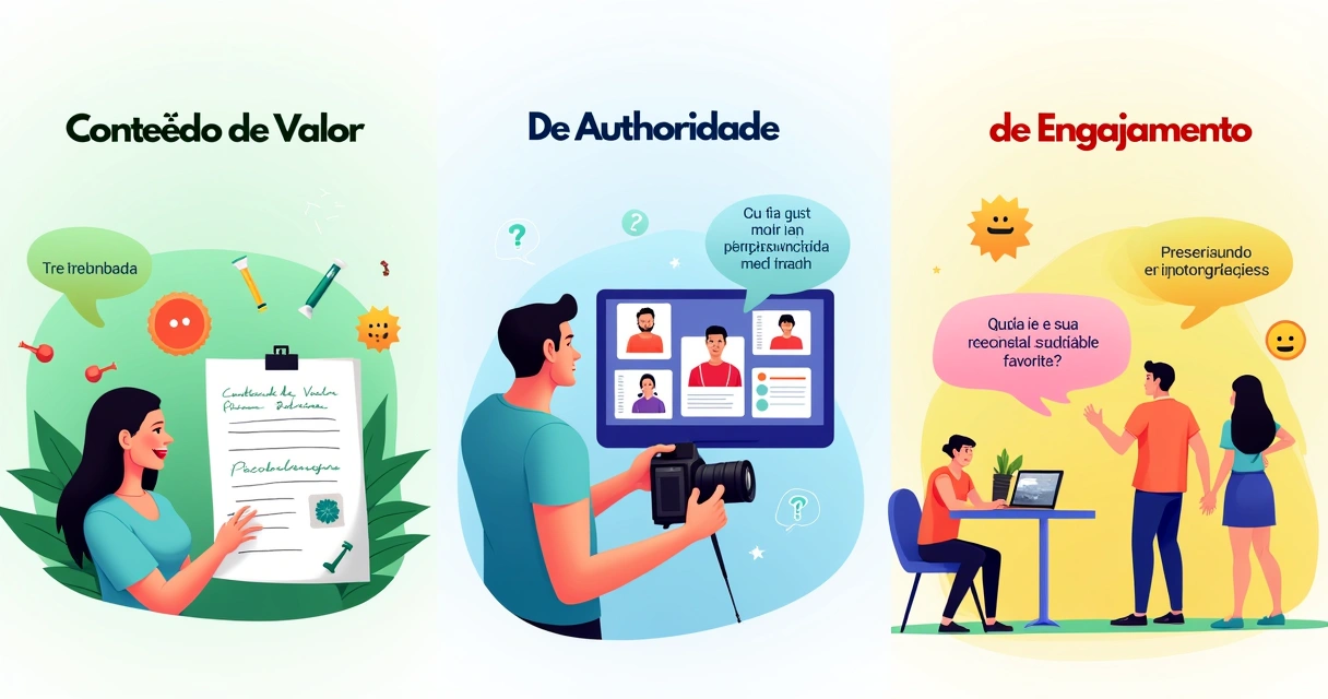 Ilustração com três seções sobre tipos de conteúdo: valor, autoridade e engajamento, com ícones e interações coloridas.