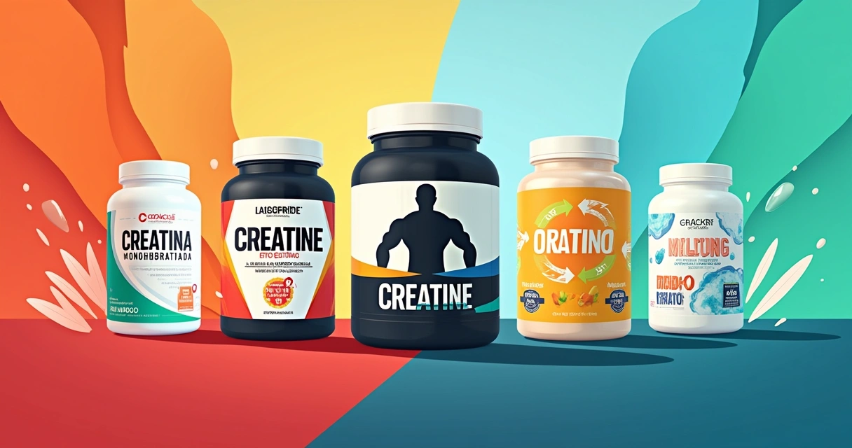 Vários tipos de creatina em recipientes coloridos em um fundo dinâmico, simbolizando força e recuperação.