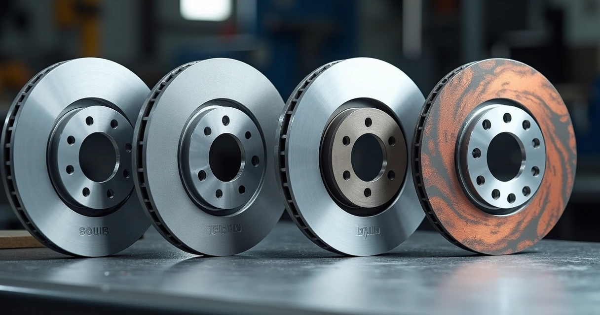 Quatro tipos de discos de freio lado a lado em bancada, com legendas das diferenças visíveis 