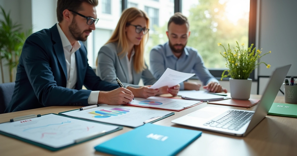 Pessoas analisando diferentes documentos empresariais em uma mesa de escritório 