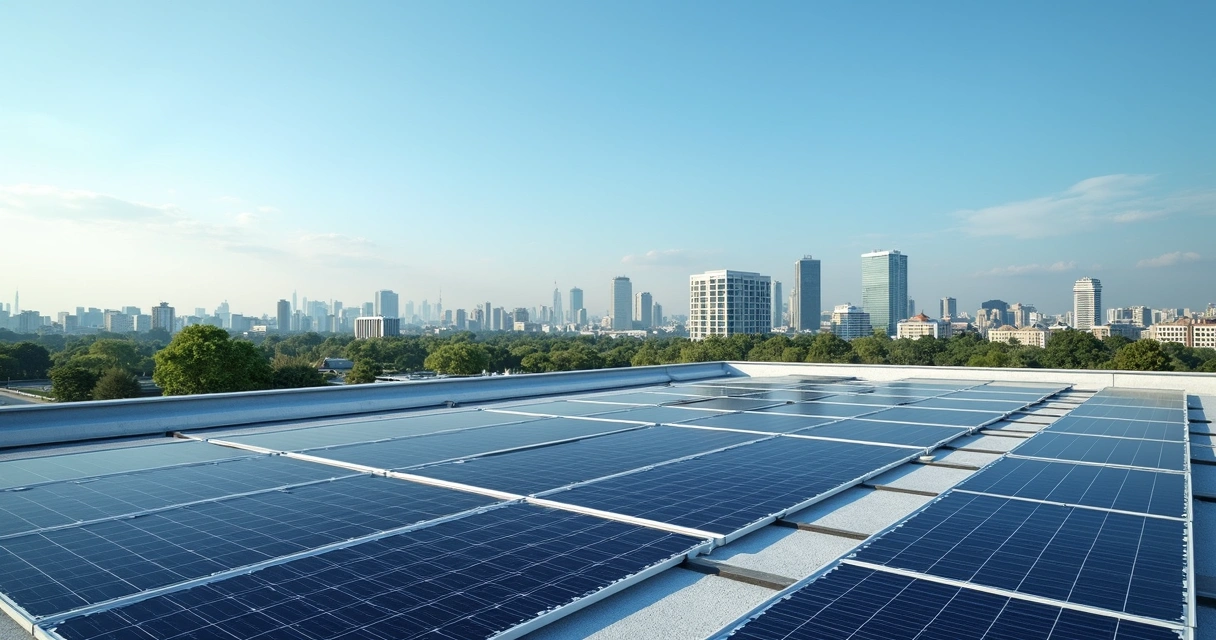 Painel solar moderno em cobertura empresarial com vista urbana ao fundo, céu azul claro com nuvens finas, representando energia solar para negócios 