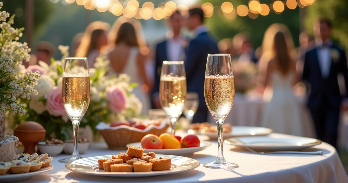 Uma mesa de casamento com três tipos de espumante: Brut, Sec e Moscatel, decorada com flores e luzes suaves.