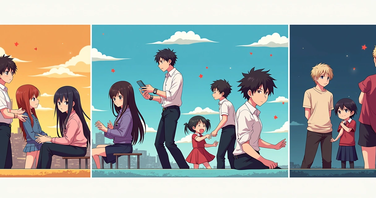 Quadro colorido dividido em três mostrando episódios originais, mistos e aprovados pelo autor em estilo anime 