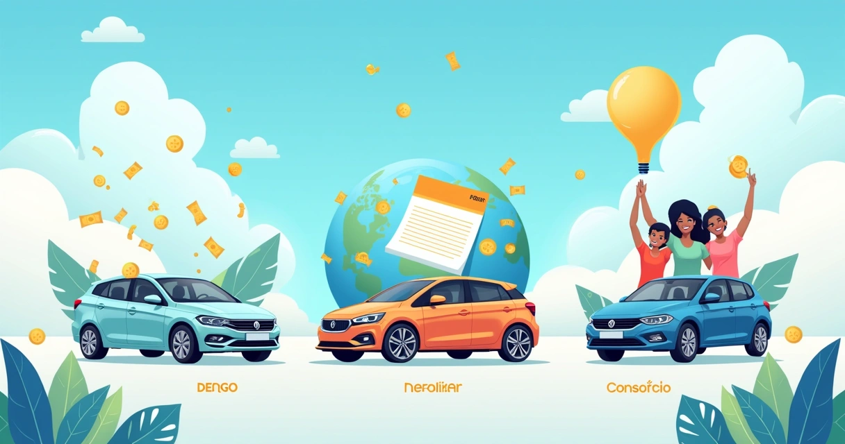 Ilustração dos três tipos de financiamento de veículos no Brasil: CDC, Leasing e Consórcio, com carros e elementos financeiros.