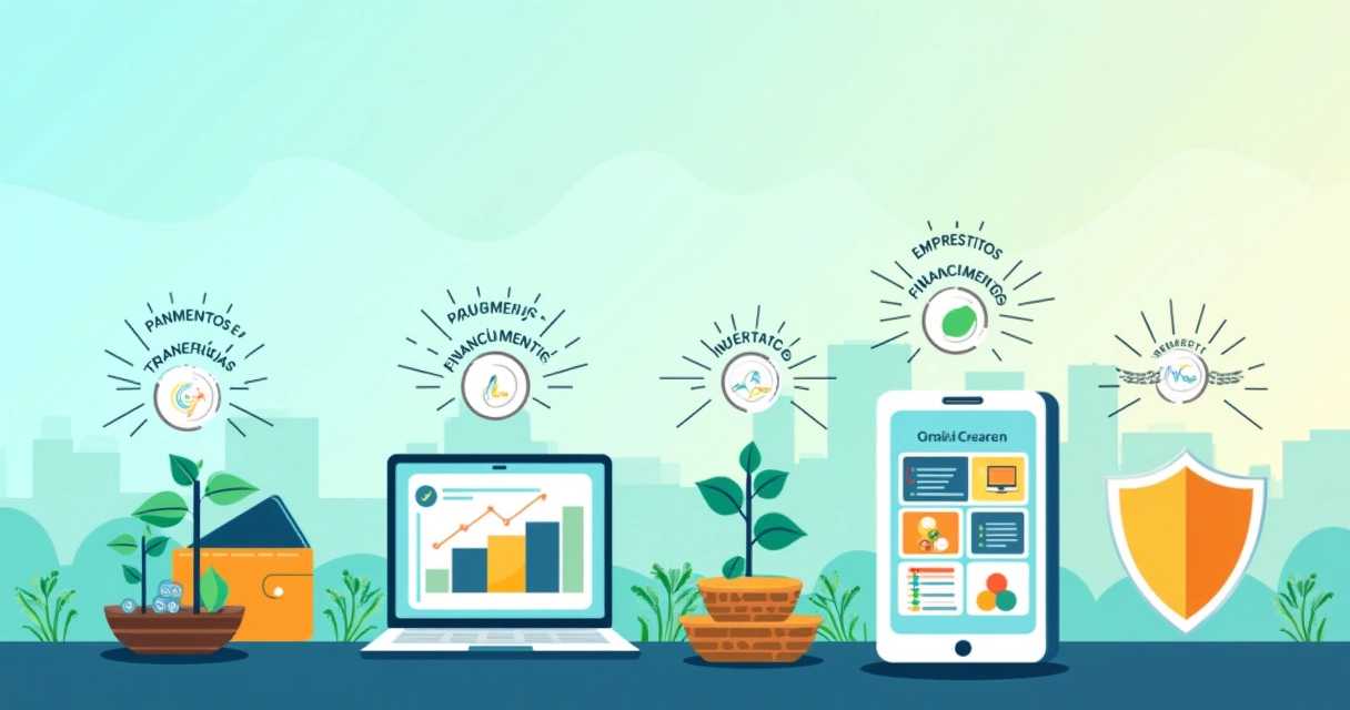 Ilustração colorida sobre fintechs emergentes, com digital wallet, laptop, plantas, dispositivo móvel e escudo representando seguros.