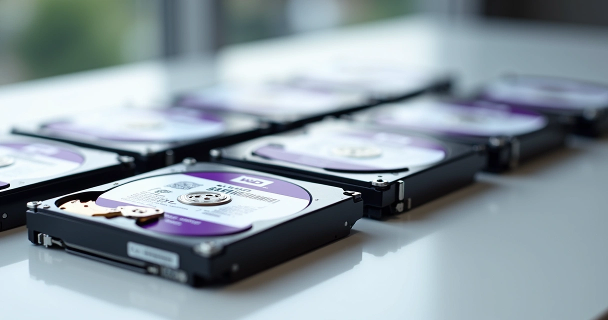 Vários HDs para CFTV exibindo etiquetas Purple, SkyHawk 