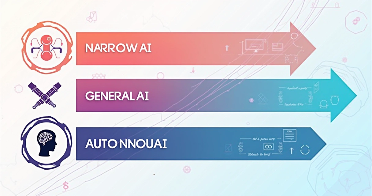 Infográfico colorido com três camadas representando IA estreita, forte e autônoma, cada uma ilustrada por um ícone diferente 