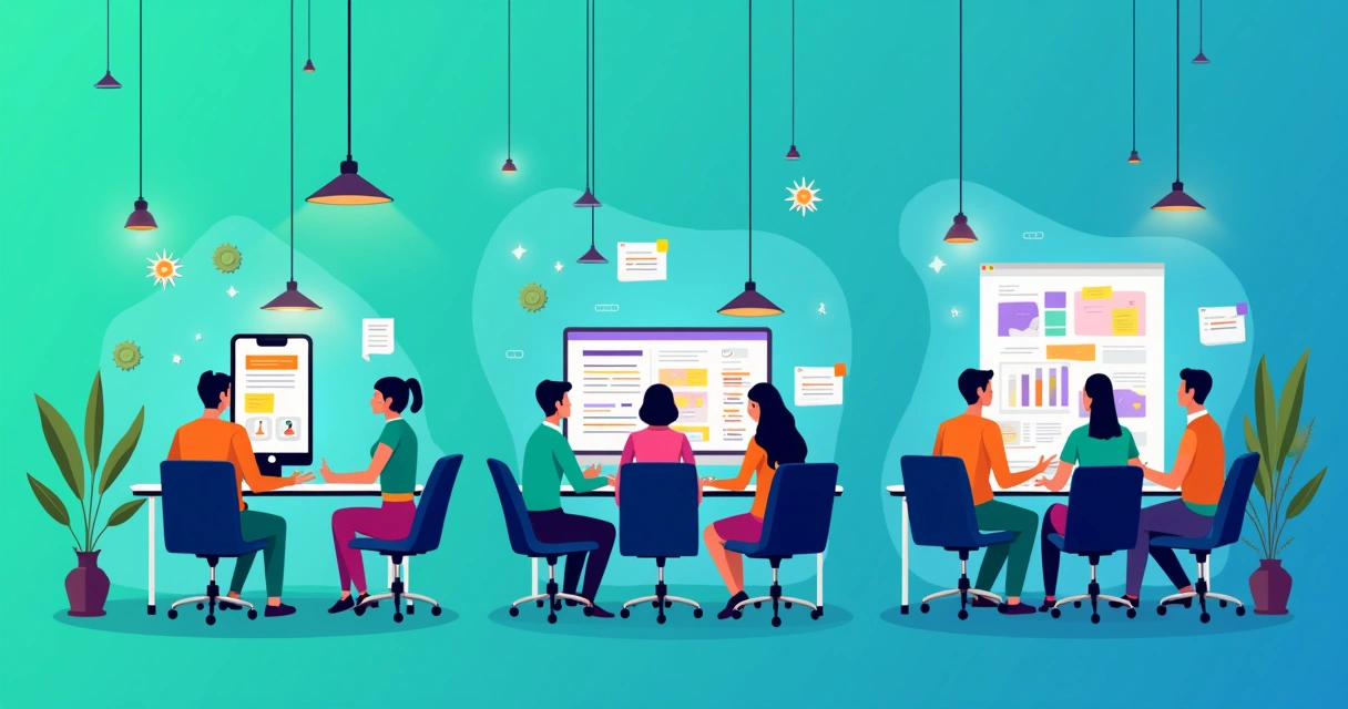 Ilustração de três tipos de inovação: produto, processo e organizacional em um ambiente empresarial.