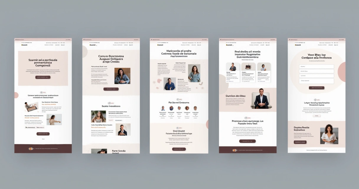 Representação de cinco modelos de páginas de conversão lado a lado