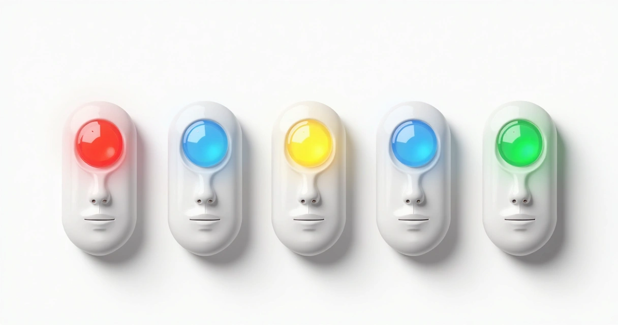 Painel mostrando os diferentes tipos de LED facial, luzes de várias cores 