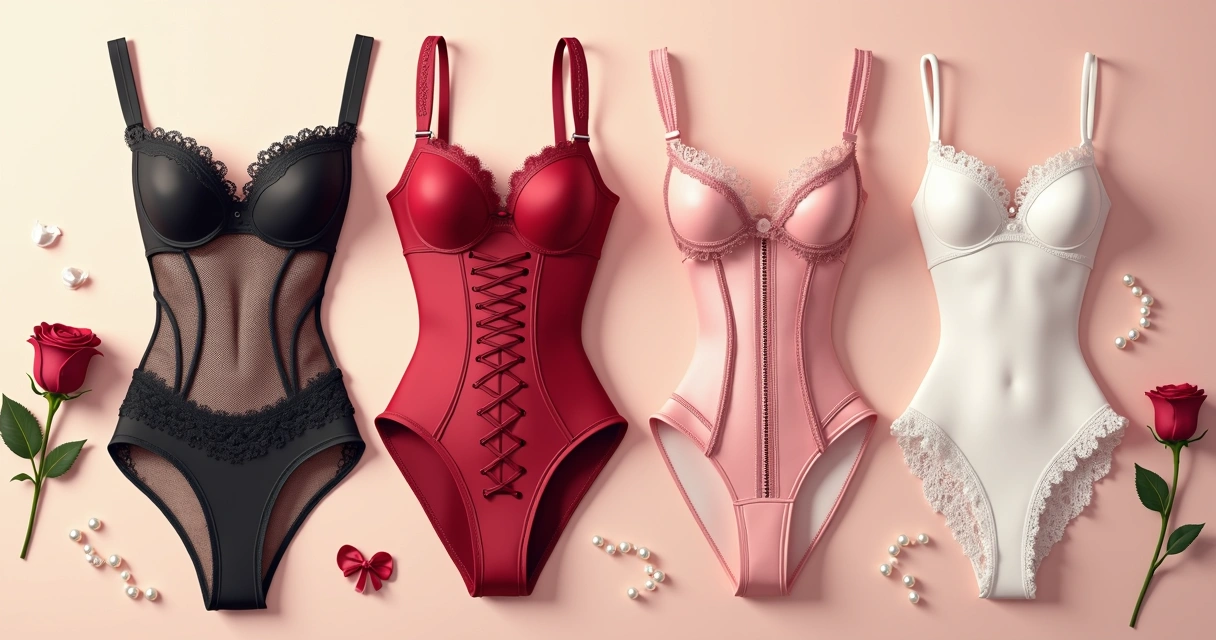 Modelos variados de lingerie erótica, incluindo espartilho, body, renda e cinta-liga 