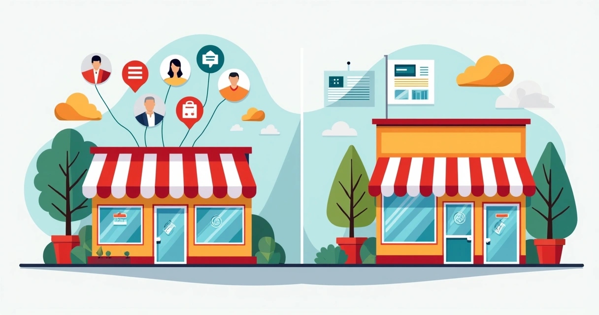 Ilustração de dois cenários, um de marketplace e outro de loja própria, mostrando diferenças de controle e branding 