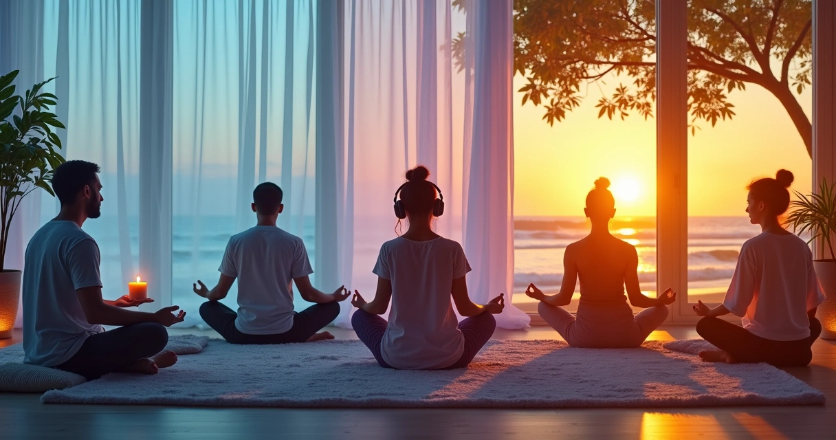 Diversas formas de meditação: foco em vela, meditação guiada, mindfulness na natureza e yoga na praia.
