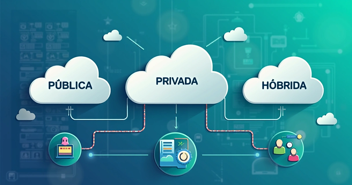 Gráfico ilustrativo mostrando diferentes tipos de nuvem: pública, privada e híbrida.