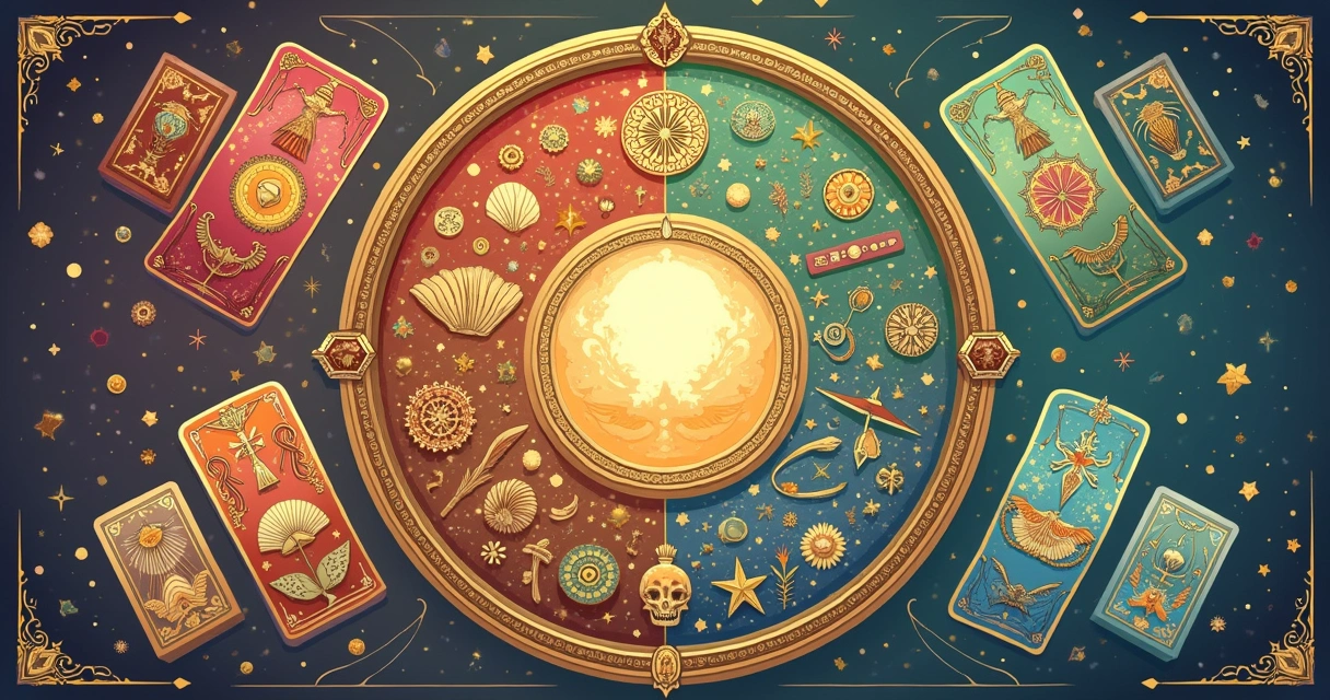 Ilustração de quatro tipos de oráculos: tarot, runas, búzios e cartas de oráculos em um círculo dividido.