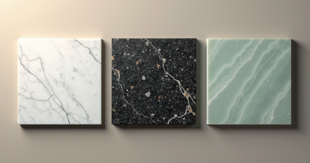 Bancada de cozinha com mármore, granito e quartzito lado a lado 