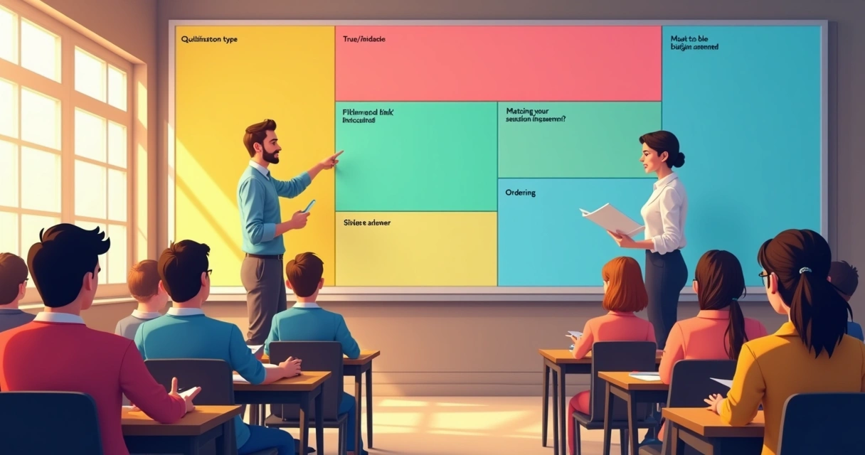 Quadro com diferentes tipos de perguntas para quiz, como verdadeiro ou falso, lacuna e correspondência 