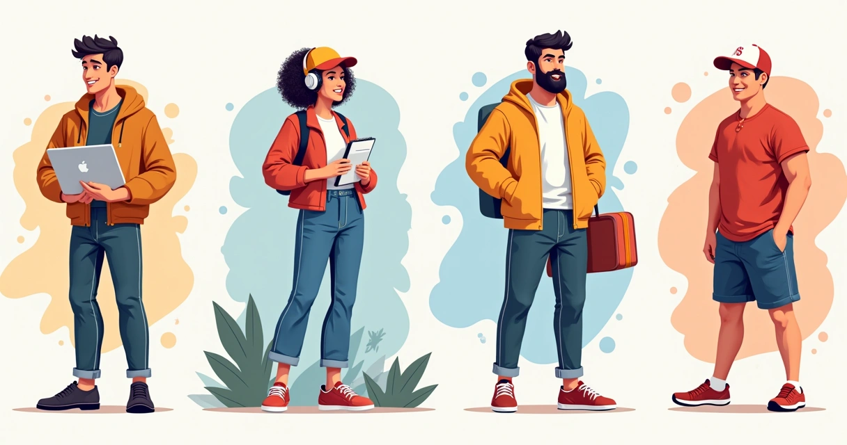 Ilustração mostrando diferentes tipos de persona com roupas e objetos variados