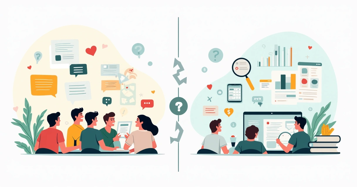 Ilustração de métodos de pesquisa, exibindo pesquisa qualitativa e quantitativa com gráficos e pessoas brainstorming.
