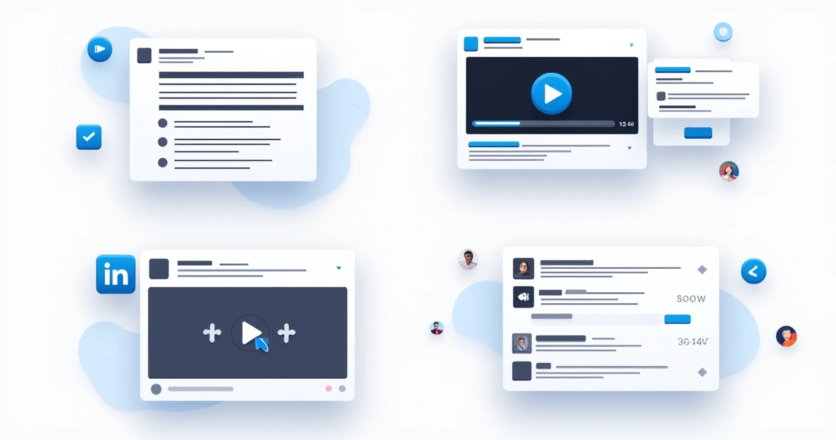 Exemplos de diferentes tipos de postagens no LinkedIn, como texto, vídeo, imagem e enquete 