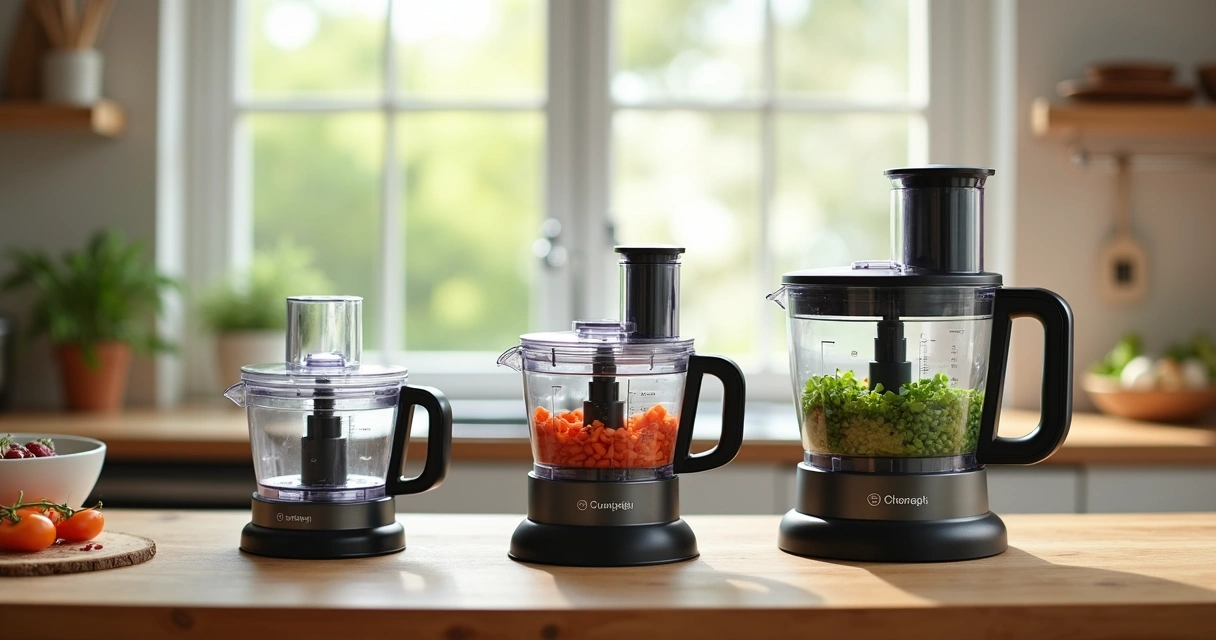 Modelos diferentes de processadores de alimentos expostos lado a lado 