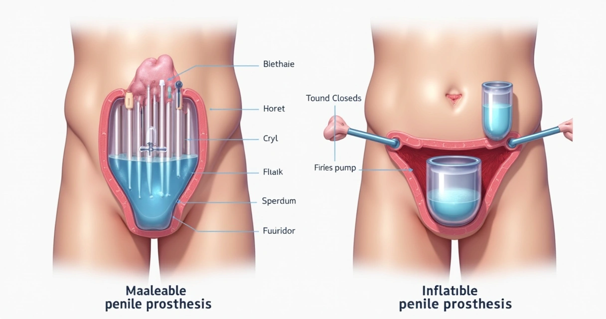Comparação lado a lado de prótese peniana maleável e inflável em ilustração médica detalhada 