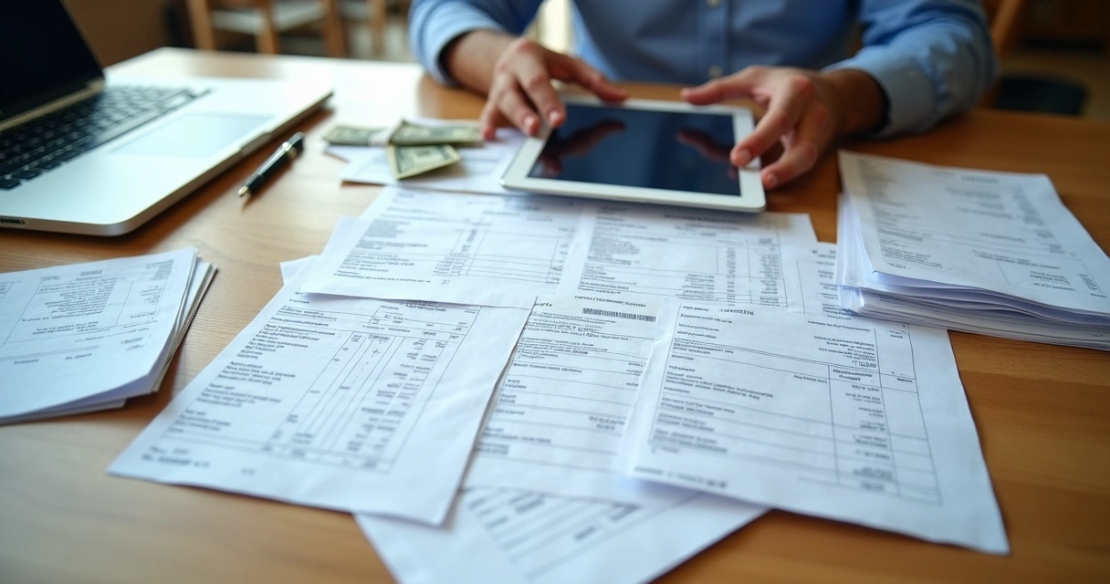 Vários tipos de comprovantes de pagamento em uma mesa de escritório 