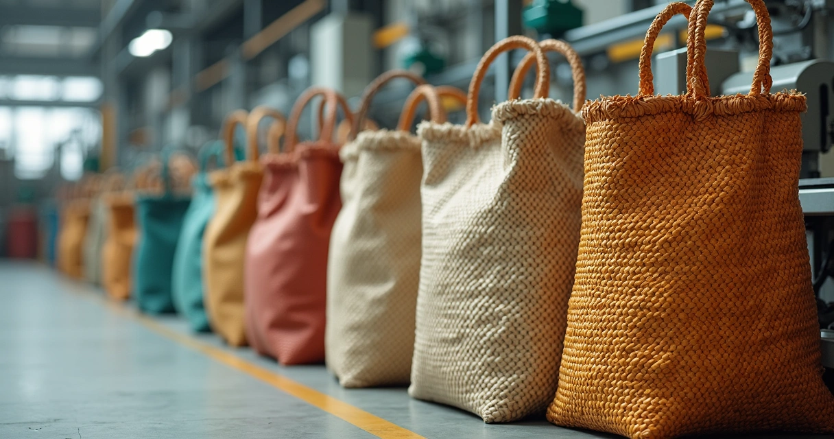 Vários tipos de sacos de ráfia e big bags lado a lado sobre um piso de fábrica