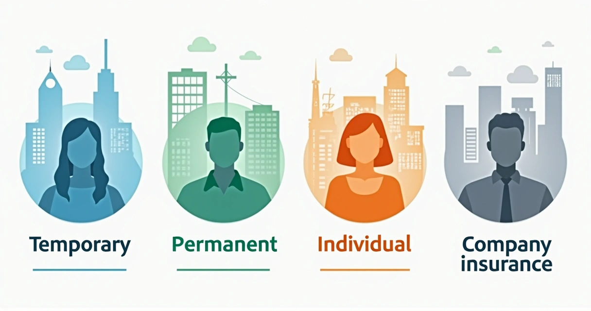 Quatro ícones representando tipos de seguro de vida: temporário, vitalício, individual e empresarial 