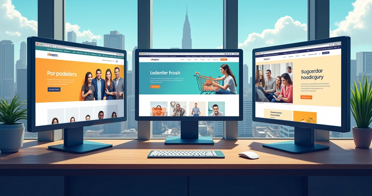 Diferentes tipos de sites apresentados lado a lado em uma tela 