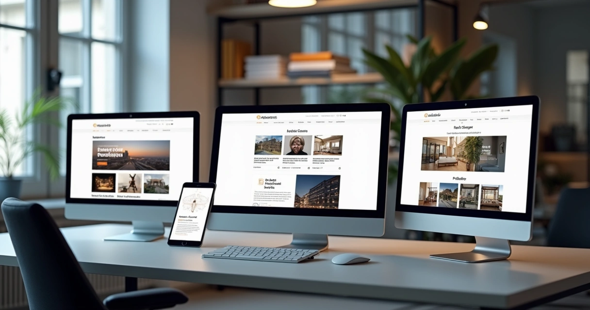 Visão lateral de diferentes telas exibindo exemplos de site institucional, loja virtual e portfólio 