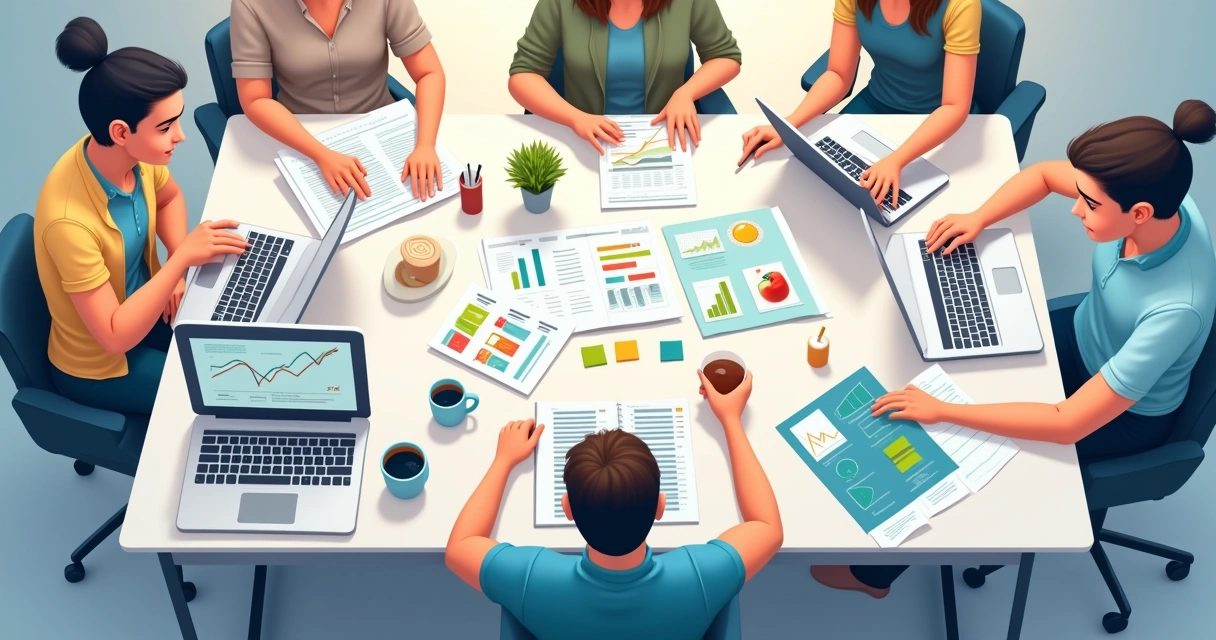 Ilustração de software de gestão com laptop financeiro, painel de vendas, prateleira de estoque, quadro de projetos e tablet de recursos humanos.