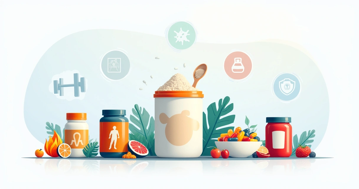 Ilustração de cinco tipos de suplementos: proteína, aminoácidos, creatina, vitaminas e termogênicos em layout circular.