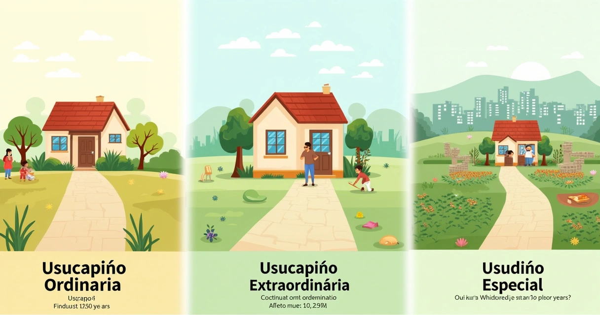 Três caminhos representando Usucapião Ordinária, Extraordinária e Especial com ilustrações de casas e períodos de ocupação.